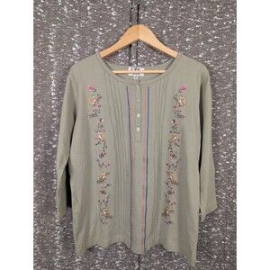 C&K Designs Embroidered Owls Pintuck Green Top‎ Cottagecore Popover Style Sz M
